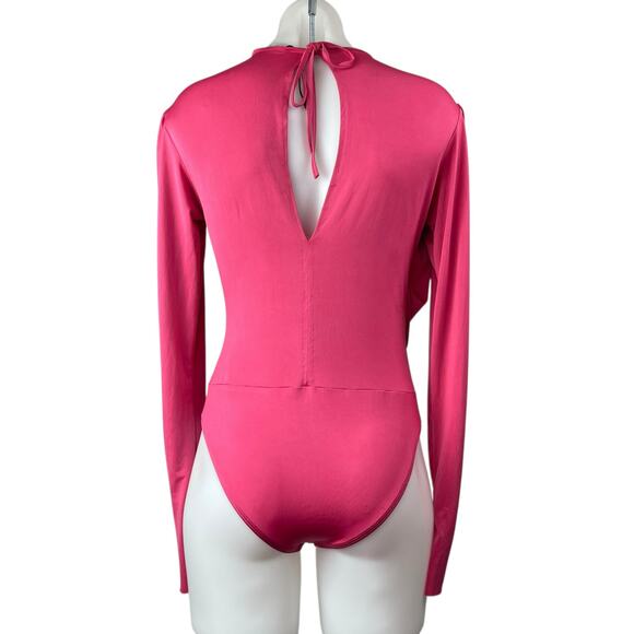 ZARA Pink Draped Long Sleeve Crew Neck Fitted Bodycon One Piece Bodysuit Top M - Picture 2 of 4